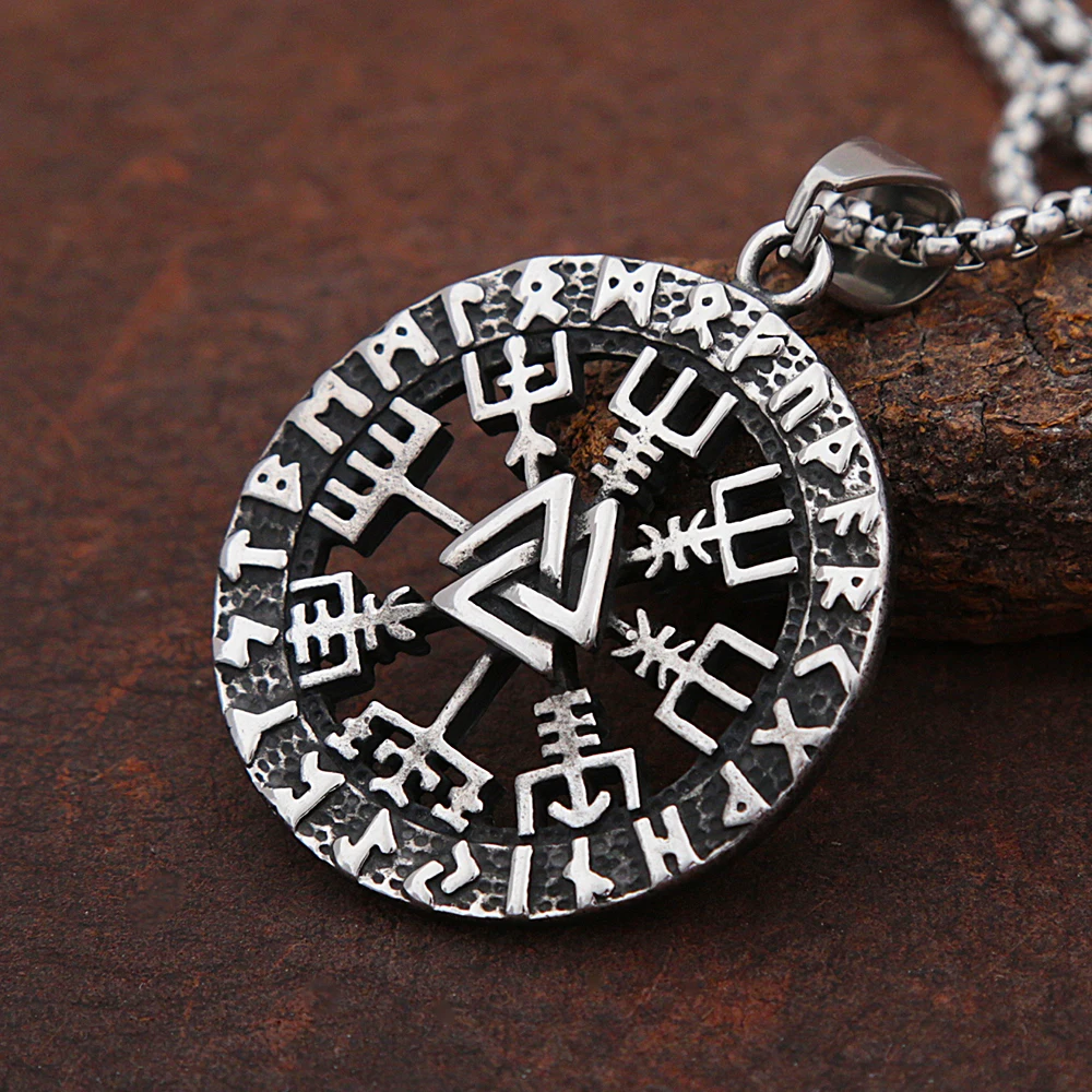 

Vintage Stainless Steel Viking Compass Pendant Necklace Men Nordic Odin Rune Amulet Valknut Necklace Chain Jewelry Wholesale