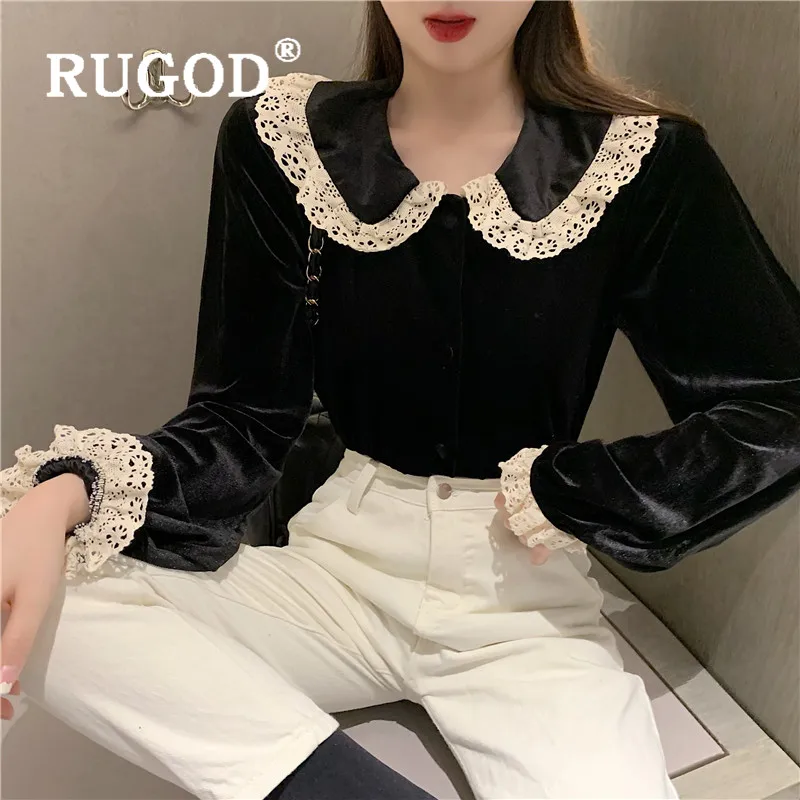 RUGOD Весенняя элегантная бархатная винтажная блузка женские блузки с длинным