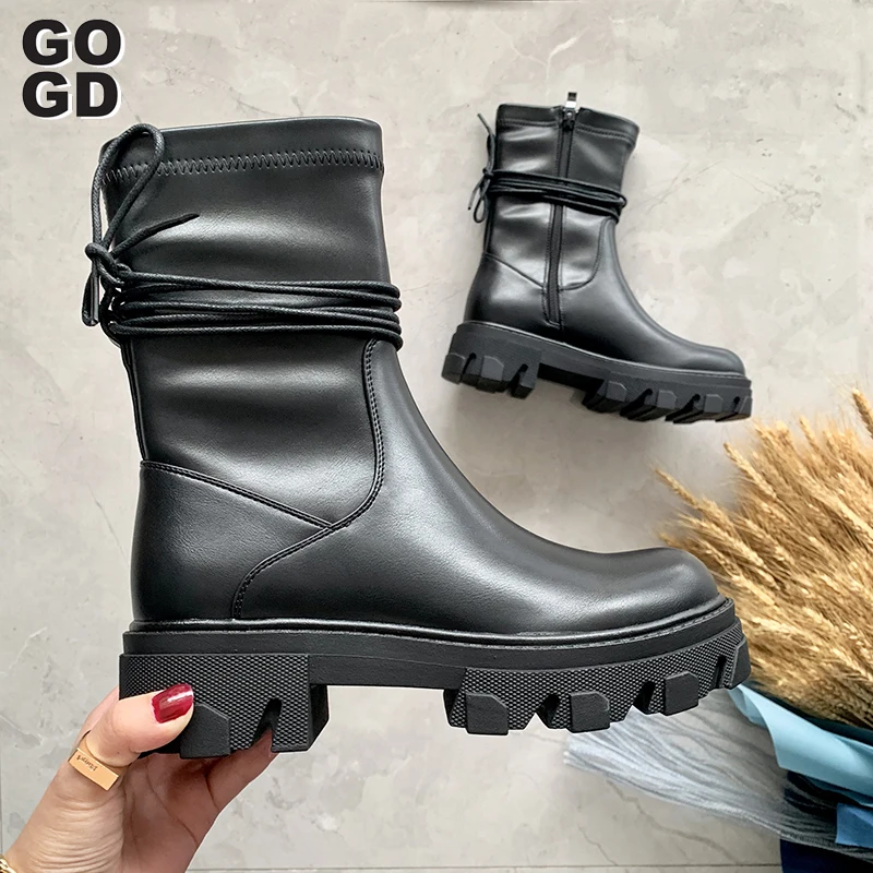 

[GOGD]Large Size 36-41 Platform fashion Female Boots pu Leather Solid High Heel With chain Hot Sale Women mid-calf shoes 2021