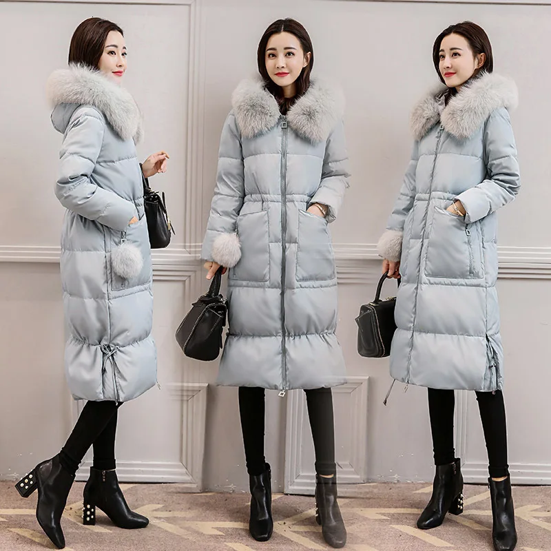 Женский длинный пуховик из хлопка с хлопковой подкладкой до колена на талии