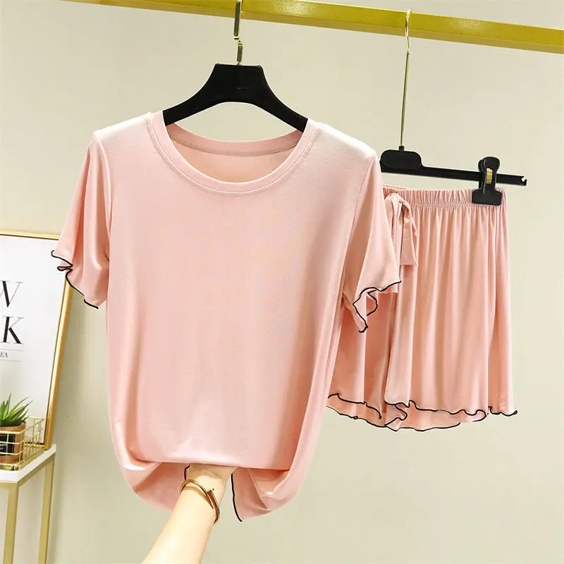 

Summer Modal Pajamas Set Women Pink Short Sleeve Shorts Two-piece Suit Sleepwear Loose Casual Pijamas Suit PLUS SIZE Homewear