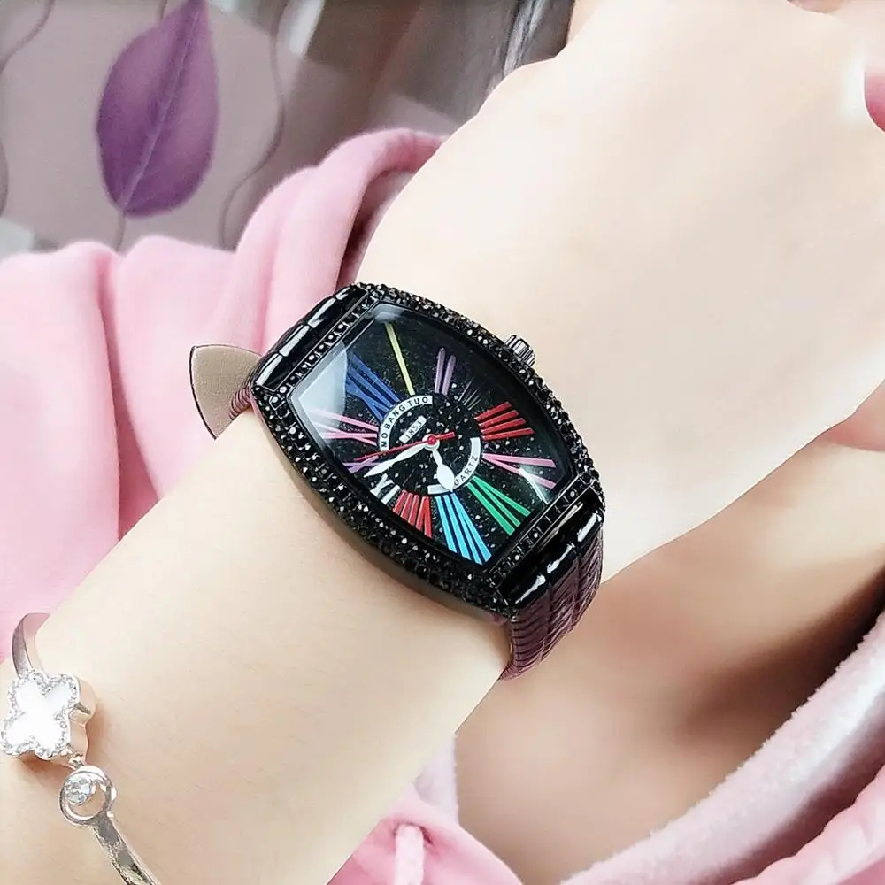 Горячая продажа часы цвет номер женские винный бочонок черный 40 мм алмаз кожаный