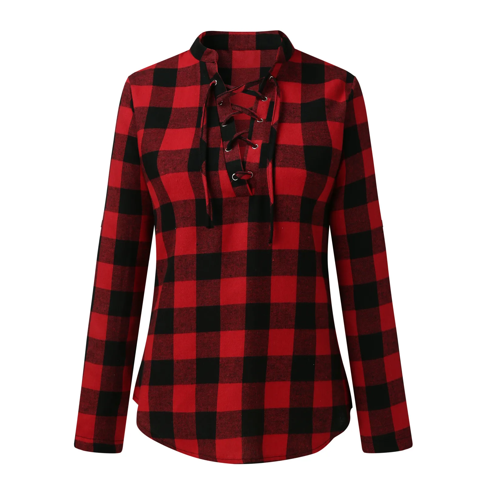 

Autumn Sexy Blouse Long Sleeve Top Women Bandage Plaid Print Tops Blouse For Woman Spring Fall Clothing Drop Ship