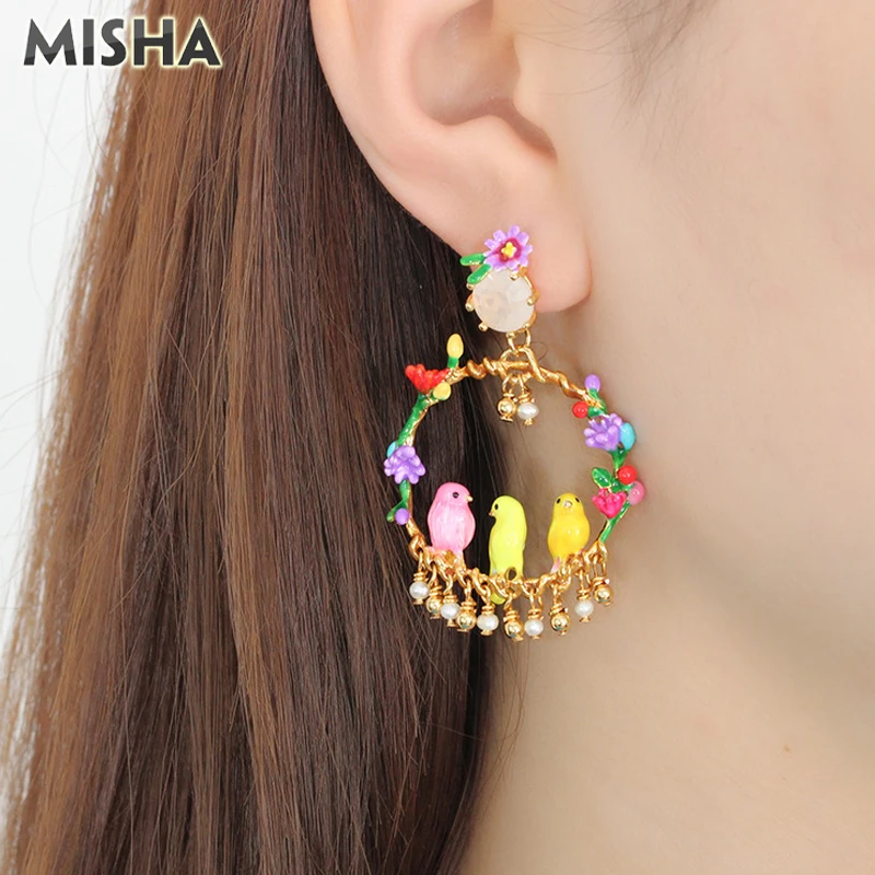 MISHA, роскошные женские серьги, ручная работа, эмалированная глазурь, цветы и птицы, Имитация драгоценного камня, ювелирные изделия в винтажном стиле, подарки для девушек, L950