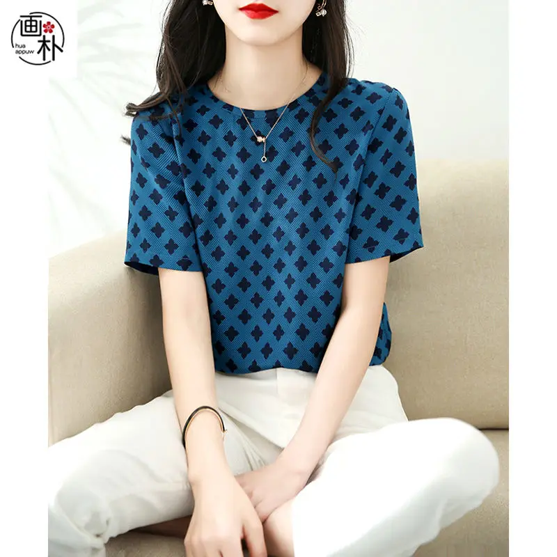 

Four Petal Flower Pattern T-shirt Women 2021 Summer New Round Neck Short Sleeve Foreign Style Pop Loose Top