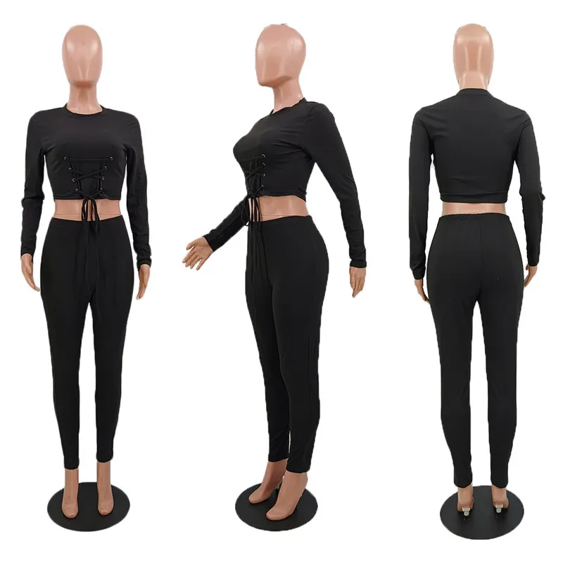 

2 Piece Set Women Bandage Top Leggings Casual Streetwear Bodycon Stretch Joggor Outfit Matching Set Mujer Wholesale Dropshpping