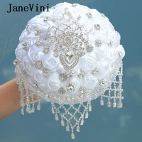 janevini 2019 luxury rhinestone crystal brooch wedding flowers bridal bouquets artificial white satin rose bouquet ramo de novia