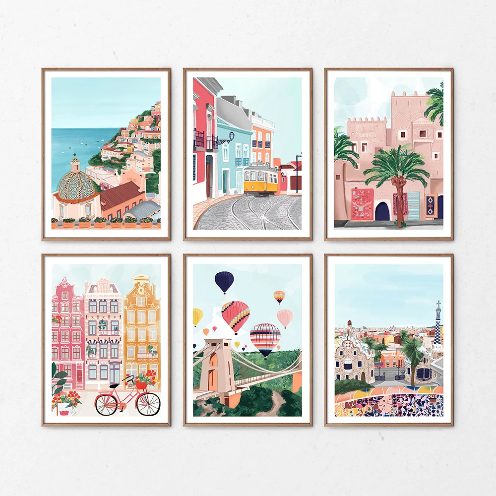 

Canvas Painting Poster Cartoon City Sea view And Nature Landscape Travel Print Picture Home Decoration Color Wall Art Pictures