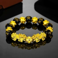 fengshui golden color pixiu unicorn obsidian beads bracelet charms lucky wealth for women trendy jewelry word proverbs bracelets
