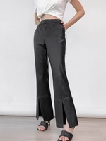 women trousers 2021 femme genuine leather mide waist radish pants black slim pencil pantalones flared trousers leisure and fashi