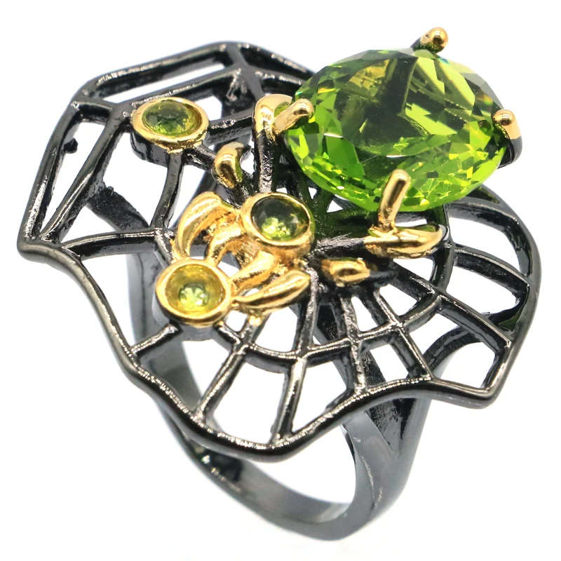 

32x32mm Unique Neo-Gothic Spider 9.7g Created Green Peridot Hiphop Street Cool Black Metal Silver Rings