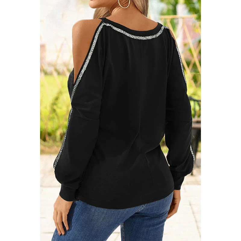 

2020 Black Glitter Splicing Cut Out Cold Shoulder Long Sleeve Top Plus Size Mulher Camisetas Vetement Femme Women Clothing 2XL