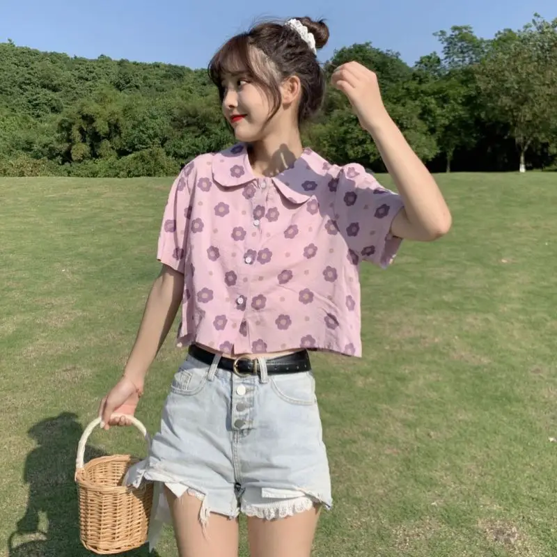 

Fashion Summer Women Floral Short Shirt Peter pan Collar Niche Design Doll Collar Short Sleeve Shirt Sweet Tops New Arrival