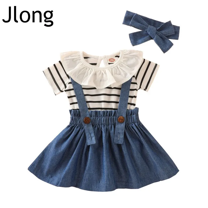 

Denim Skirt Set for Girl Toddler Baby Girl Dress Stripe Rompers Strap Skirt Overall Outfits Infant Clothes Set 3Pcs Rompers