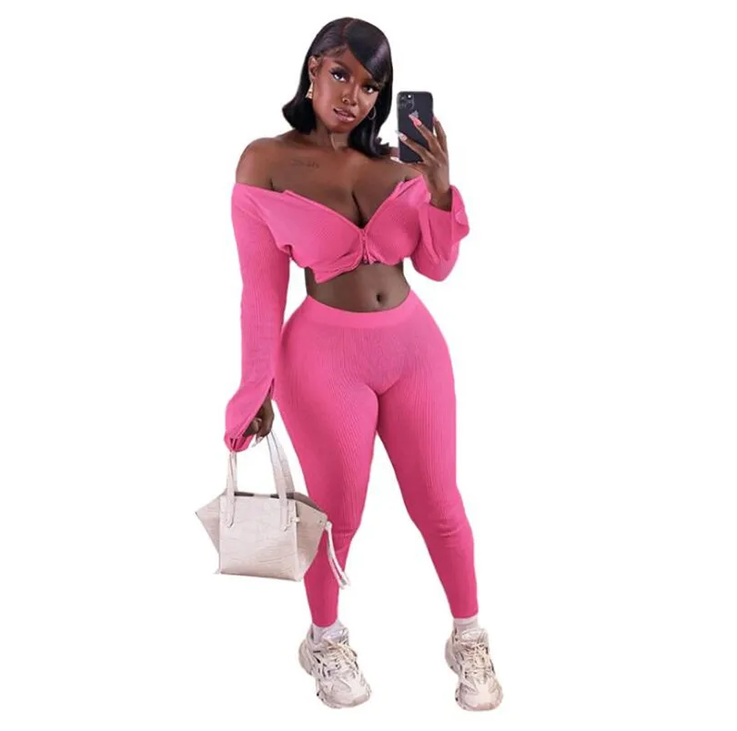 

Women's Two Piece Pants Ribbed Knitted Outfits Autumn Solid Slash Neck Jacket Tops+Elastic Leggings Matching Sets Streetwear