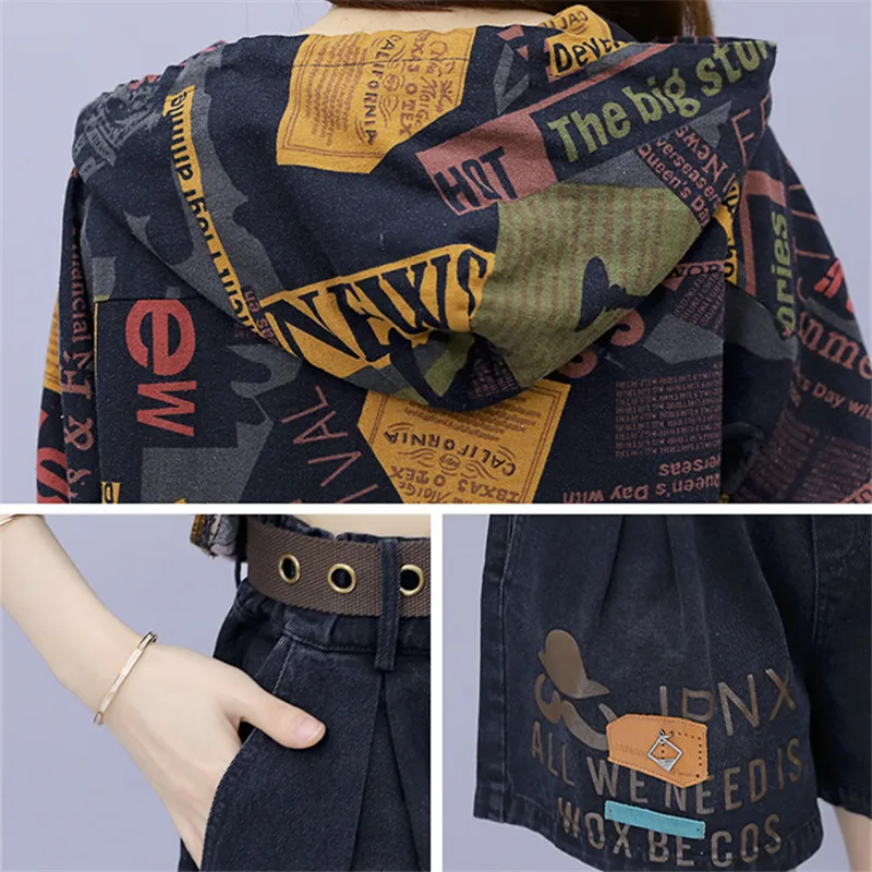 

Summer New Large Size Fashion Suit Hooded Pullover Printed Top + Elastic Waist Denim Shorts Loose Casual Two-Piece Women ZM098