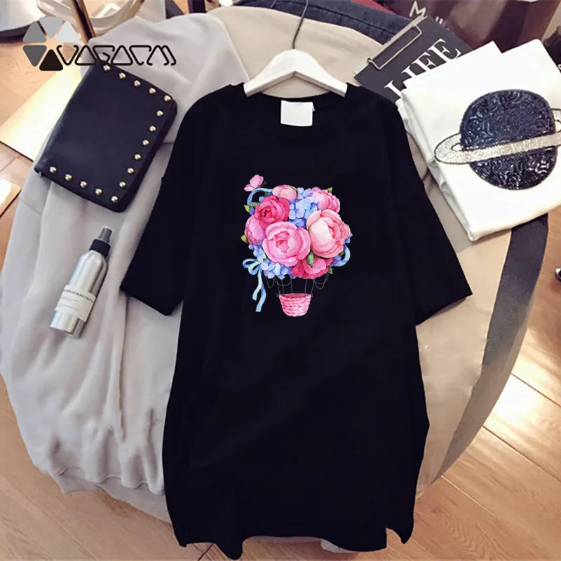 Women Mini Party Dress Flower Print Harajuku Loose Tshirt Dresses Short Sleeve Summer Casual Loose Femme Streetwear Robe Clothes