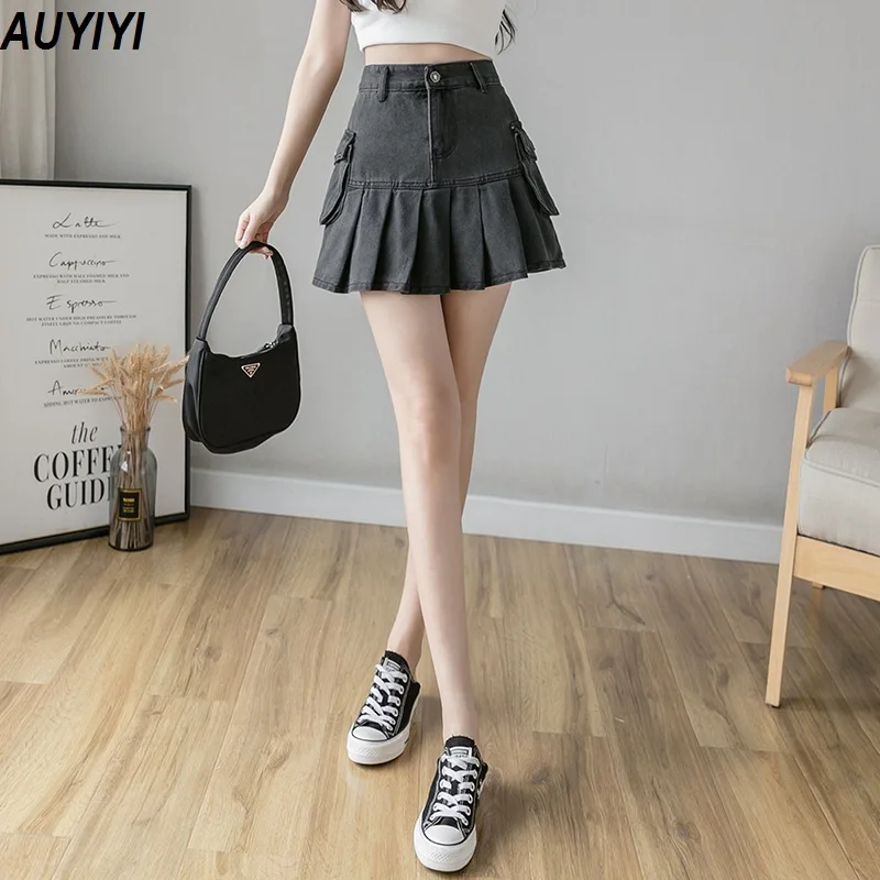 

Fashion women's 2021 summer new black denim pleated high waist slimming wild a-line hot girl short skirt AUYIYI