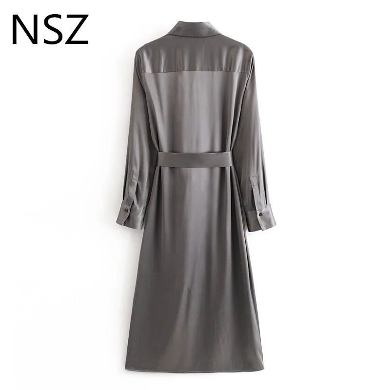 Женское шелковое атласное платье-рубашка NSZ длинное платье с длинным рукавом