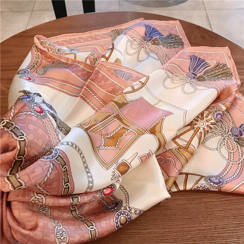 

100% Twill Silk Scarves For Women Fashion Print Kerchief Hand Rolled Hijab Scarf 90cm Square Shawls and Wraps Scarfs For Ladies