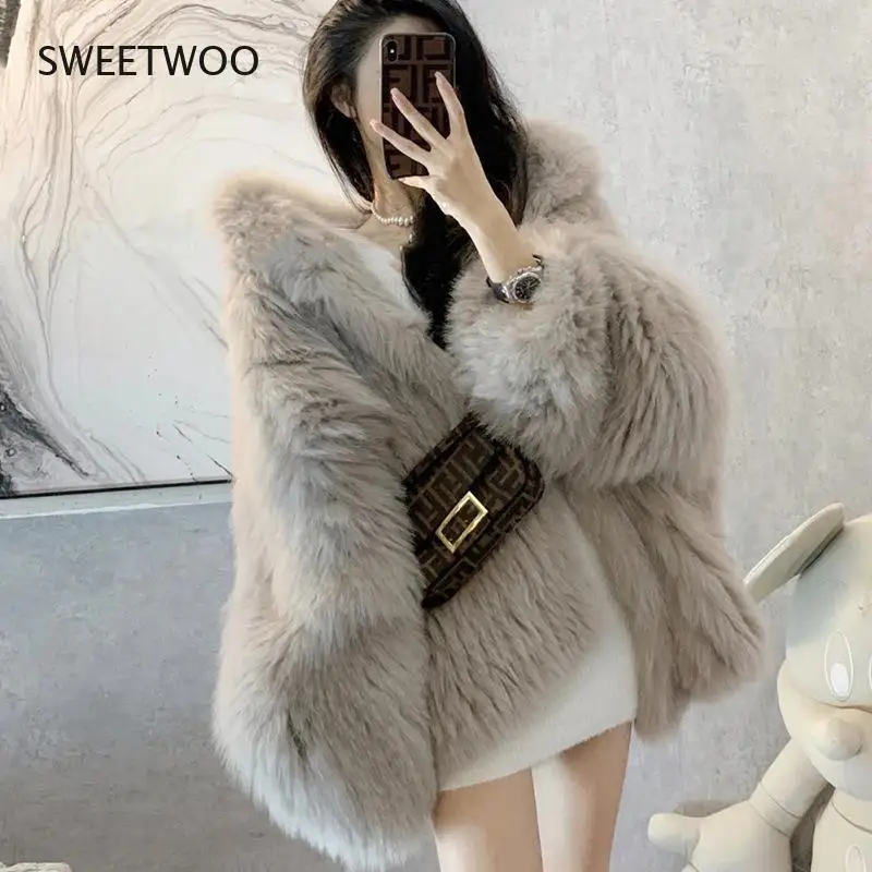 Autumn and Winter Imitation Fox Fur Coat Women's Winter Loose Mid Length Hooded New One-Piece Plush Thickened Jacket Casual Warm