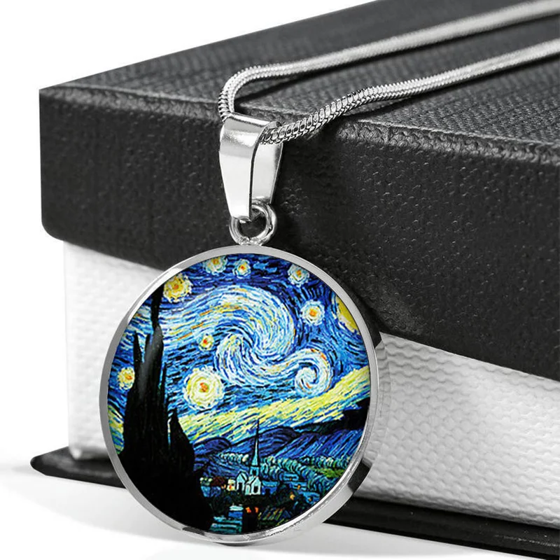 

Ожерелье женское со стеклянным кабошоном, с подвеской в виде звездной ночи Ван Гога, ювелирная живопись