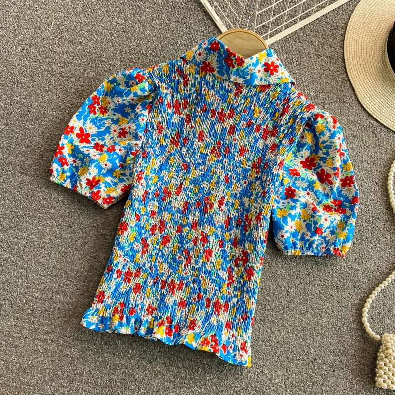 

Vintage Blusa Elastic Beach Crop Tops Women Summer Fashion Lapel Collar Puff Sleeve Floral Printed Short Blouses and Shirts