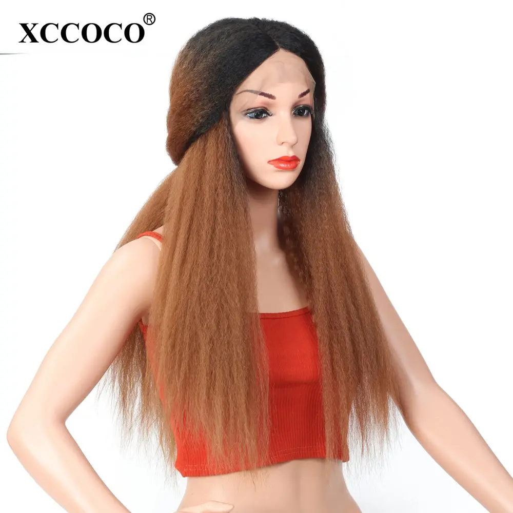 

XCCOCO Ombre Yaki прямые кружевные передние парики, синтетический парик из высокотемпературного волокна коричневого цвета, средней части, длинные ...