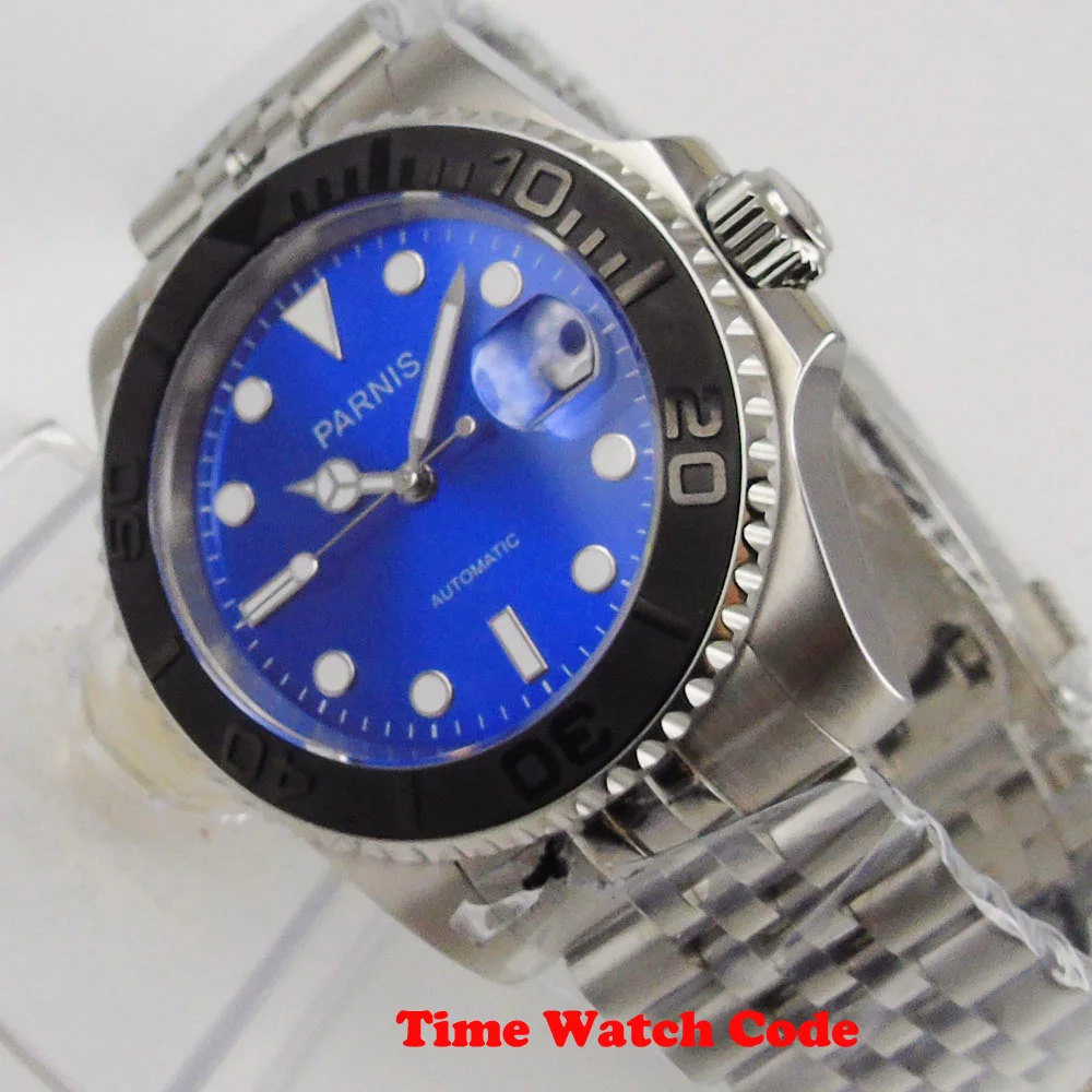 Роскошные PARNIS 40 мм автоматические мужские наручные часы с синим циферблатом