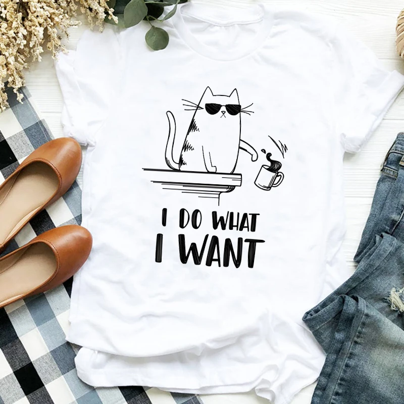 

Women Lady Cat Funny Coffee Short Sleeve Cute Print Casual T Tee Womens Tshirt for Female Shirt Clothes Top Graphic T-shirt