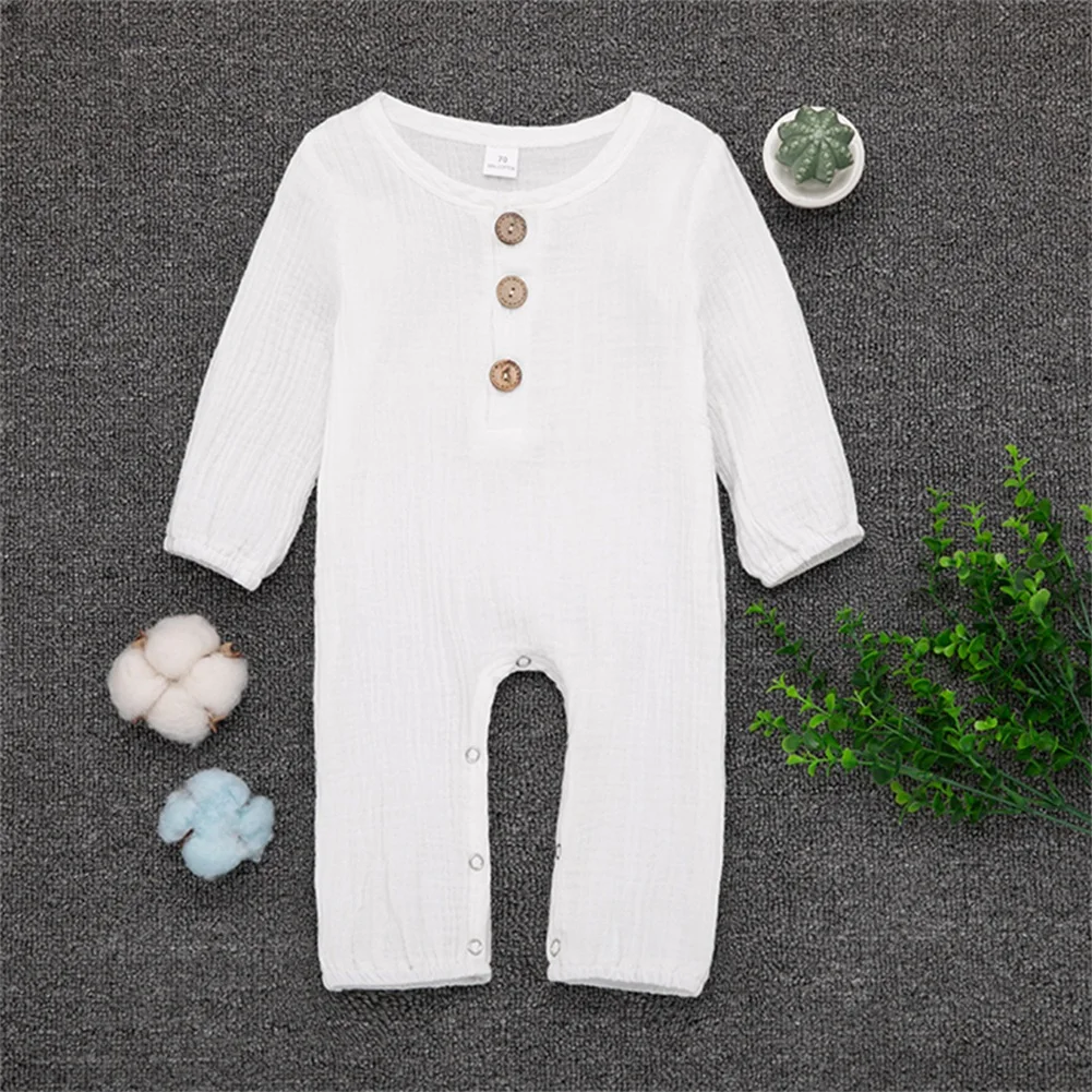 

Autumn Newborn Baby Boy Girl Long Sleeve Button Solid Color Basic Romper Sunsuit Outfit Set Clothes