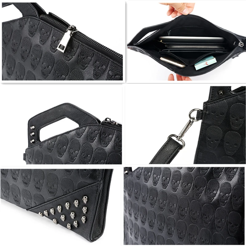 

New Trend Rivet Clutch Bag Men Skull Handbags Fashion Design Ghost Head Pattern Mens Clutches Shoulder Bag PU Leather Hand Bags