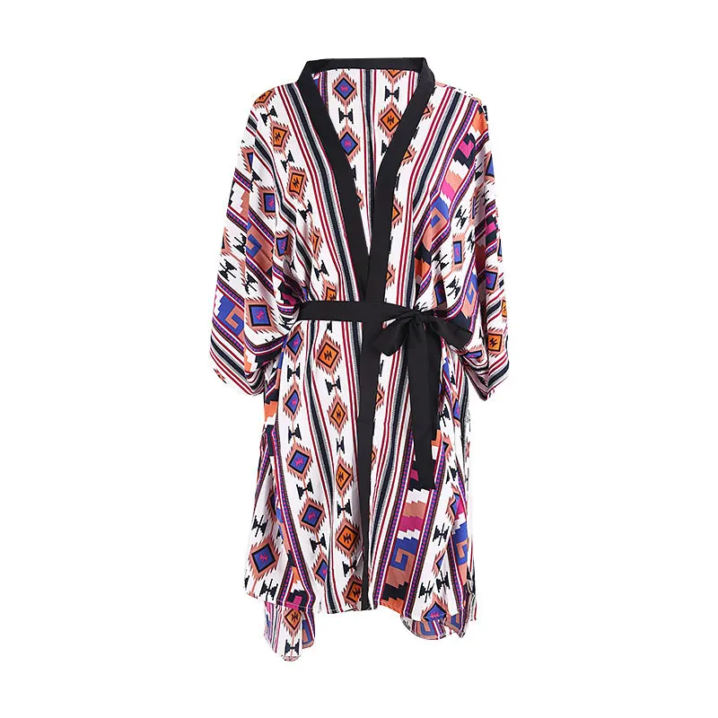 

2021 summer Bohemian printed bat sleeve belt beach skirt V-neck wrap women's Beach cover up
