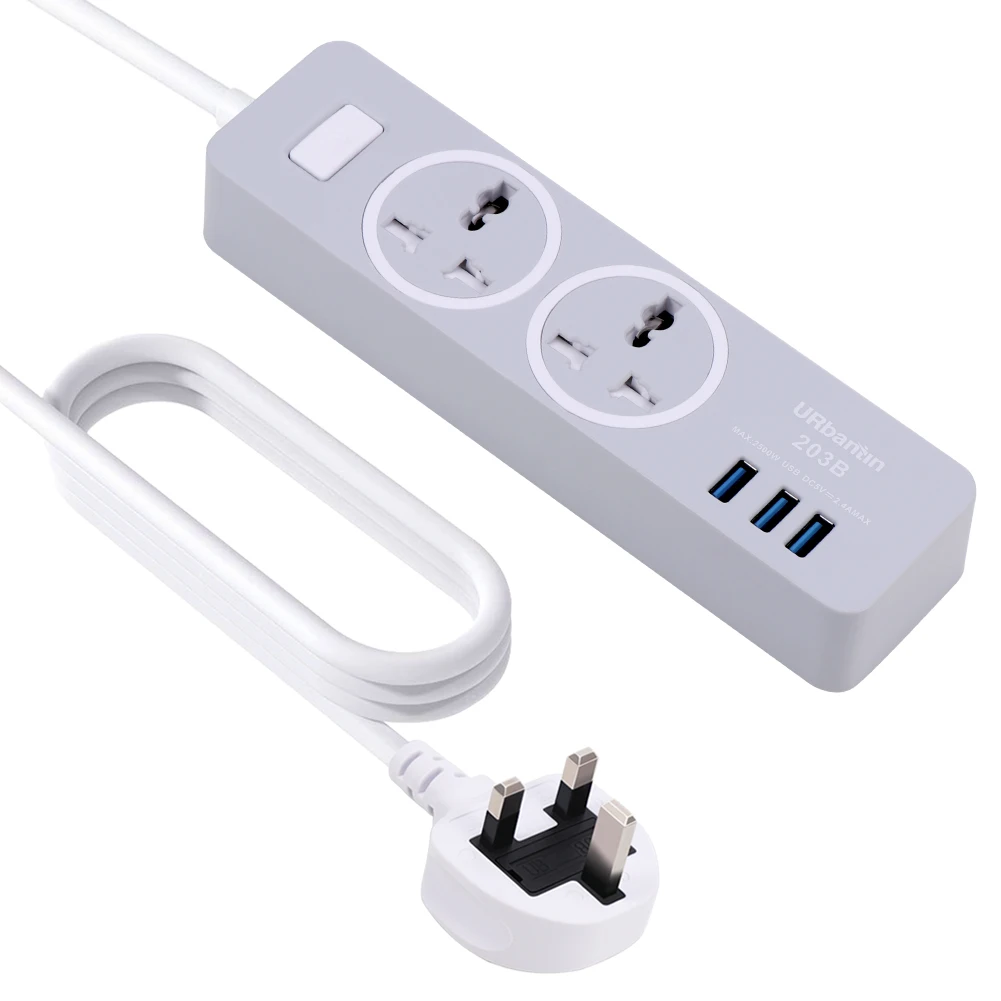 Urbantin 2AC& 3 USB общий переключатель сетевой шнур USB розетка Смарт гнездо для шнура удлинителя Универсальная Розетка с вилкой Великобритании - Цвет: Gray