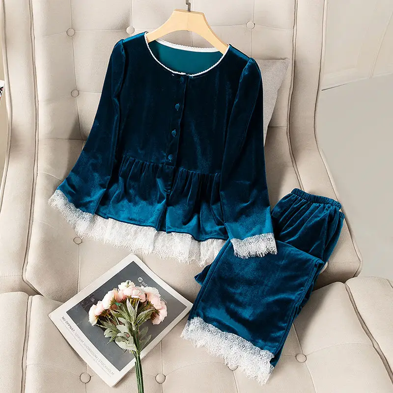 Gold Velvet Pajamas Women's New Winter Sexy Lace Home Service Two-piece Suit Pajama  Set  Sexy Nightwear