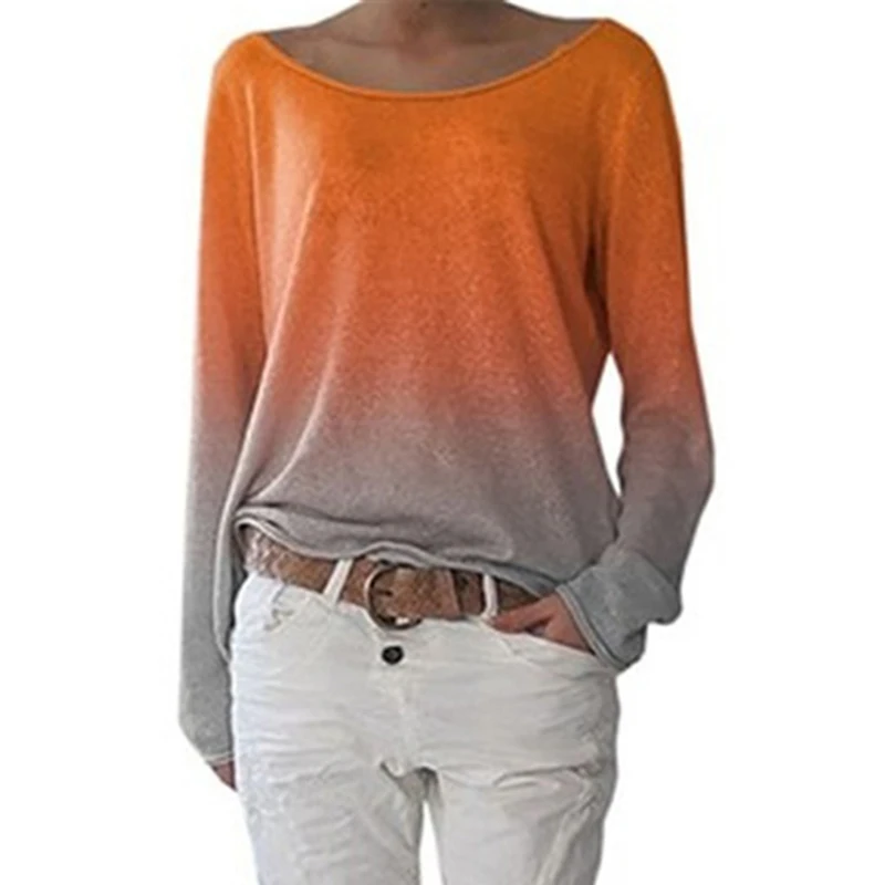 

Casual Women Gradient Candy Color Print T Shirt Long Sleeve Spring 2021 New Fashion Tees Plus Size O-Neck Female Tops