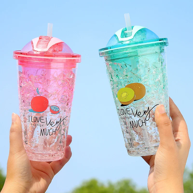 

New double-layer gel ice cup ins net red female water cup plastic cup creative small fresh gift straw cup A lovely water cup