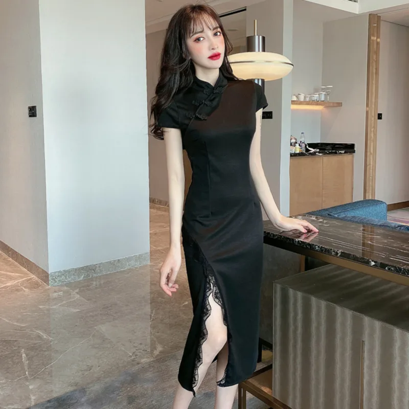 Китайский Стиль в стиле Харадзюку для женщин Cheongsam платья длинный синий и белый