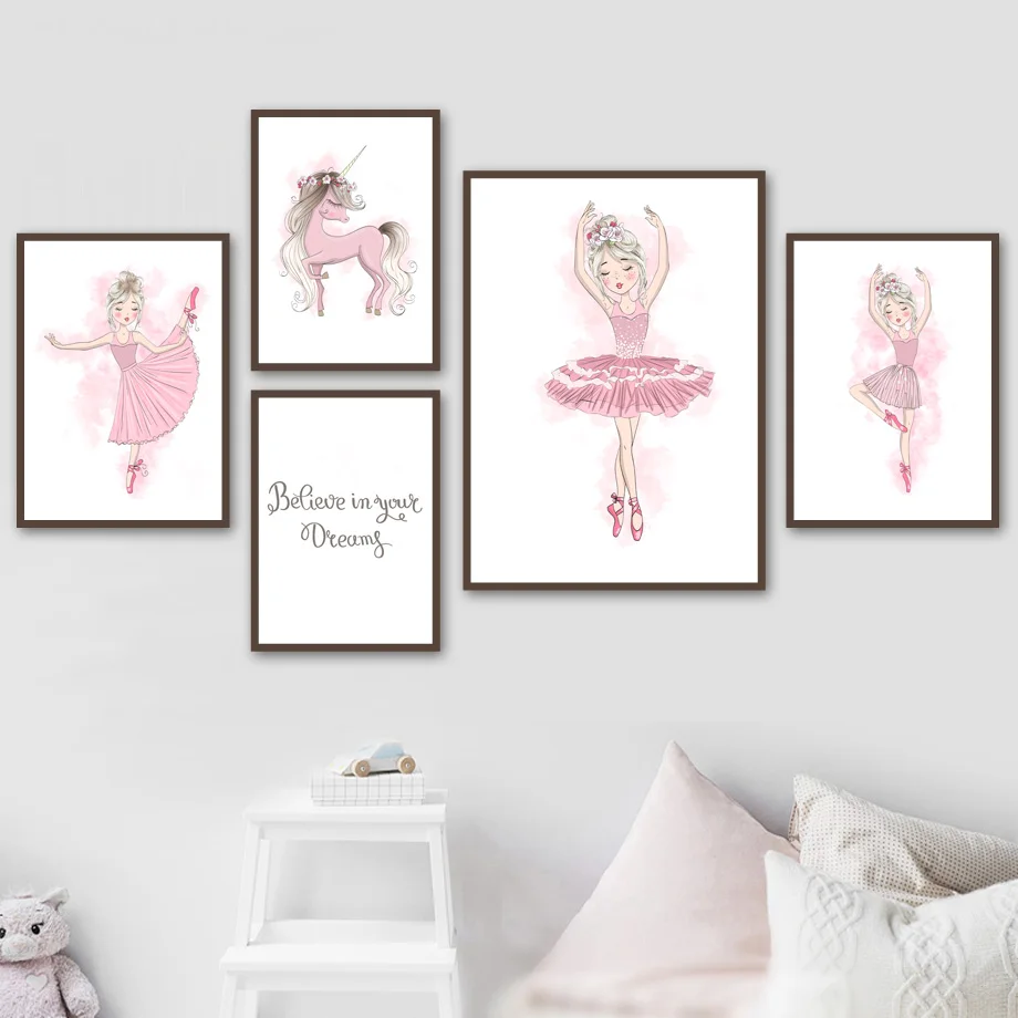 Розовая балерина девочка Единорог цитаты настенная Картина на холсте в
