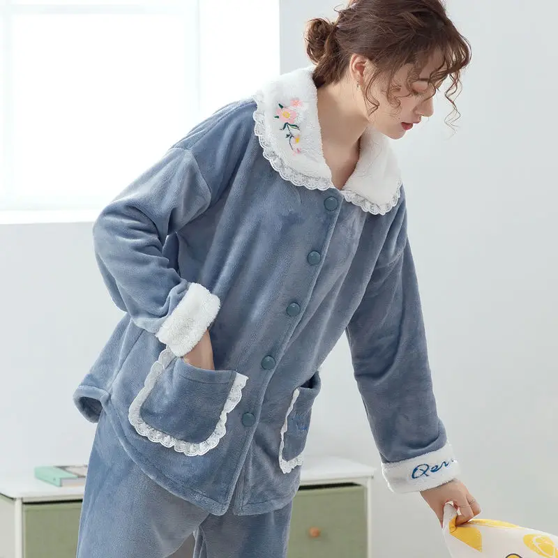 Теплый зимний женский пижамный комплект толстая Фланелевая пижама с длинными