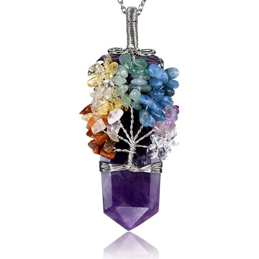 

FYJS Unique Jewelry Silver Plated Wire Wrap Amethysts Hexagon Prism with Many Colors Irregular Shape Stone Pendant Necklace