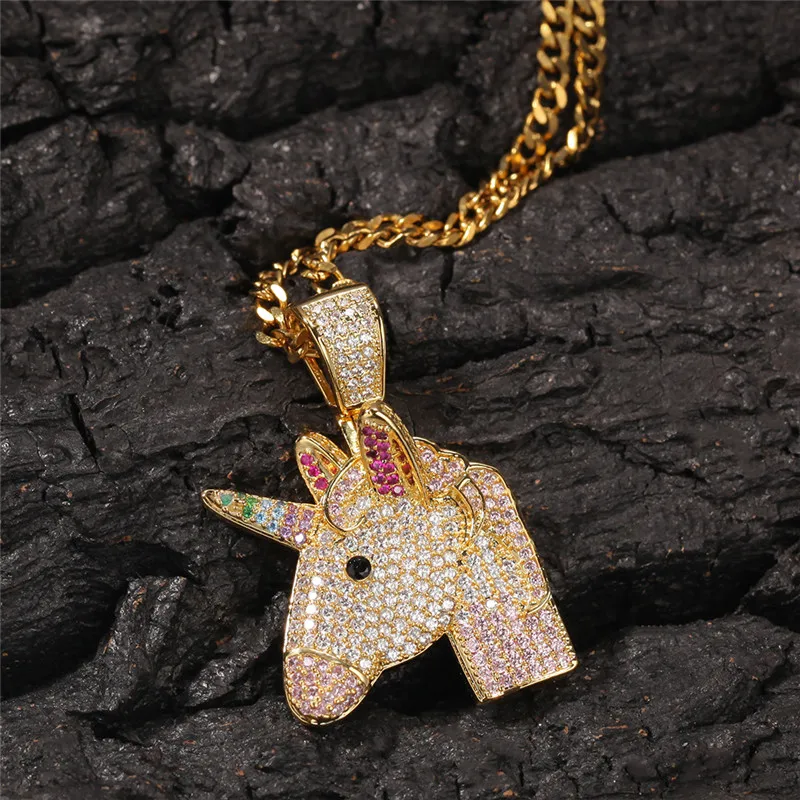 

AGLOVER 24 Inch Ice Zircon Rainbow Dream Unicorn Pendant Gold Silver Long Necklace For Men Women Hip Hop Rock Fashion Jewelry