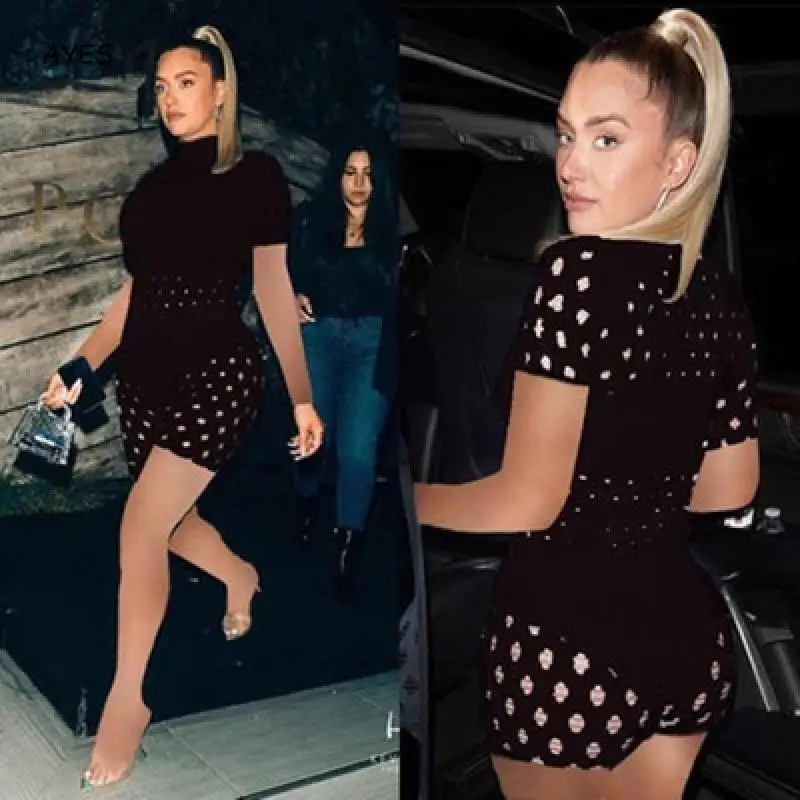 

Women Summer Short Sleeve Holes Rumpers Sexy Hollow Out Playsuits Short One Piece Trouser Half Neck Slim Skinny Romper Playsuits