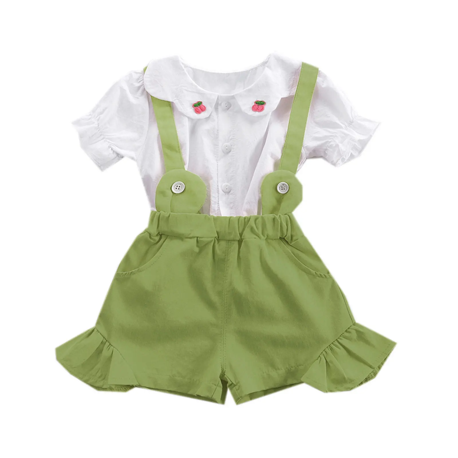 

Summer Cute Toddler Baby Girls Clothes Sets Flower Neck Short Sleeve Top + Suspender Ruffle Short Pant Princess Suits