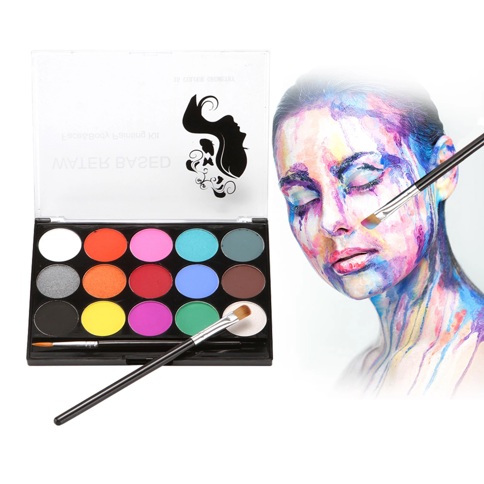 

Face Paint Kit Professional Water Based Body Paint 15 Colors Washable Non-Toxic Paints 2 Paintbrushes forHalloween Costume