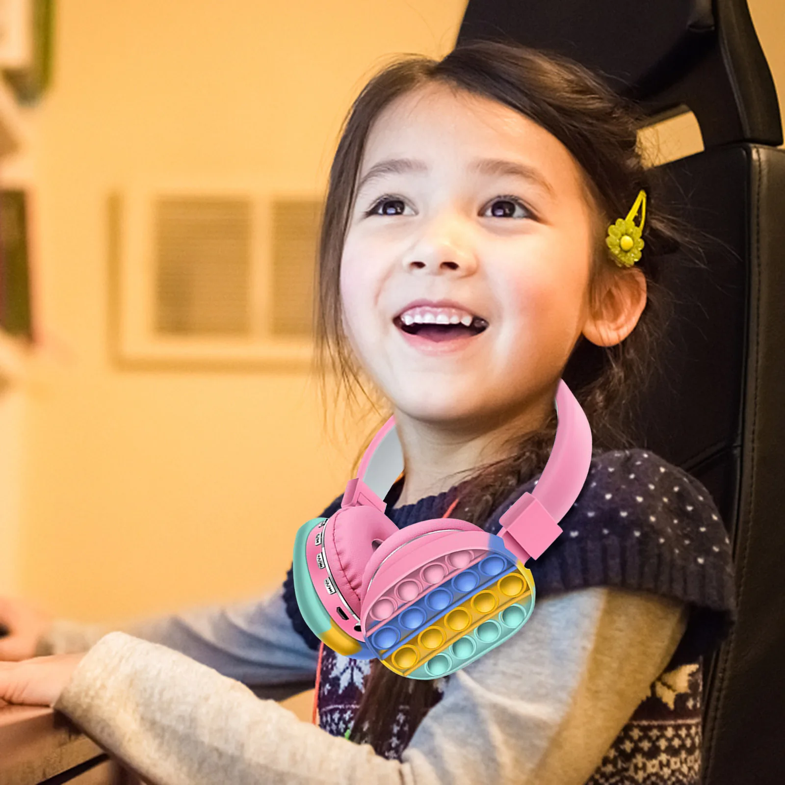 Pupet-auriculares est&eacute;reo con Bluetooth y hoyuelos para ni&ntilde;os, juguetes de burbujas de empuje montado en la cabeza, con dise&ntilde;o de arco&iacute;ris, para regalo-4
