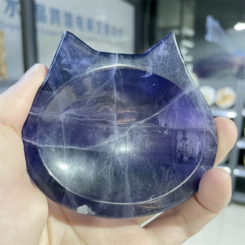 

Natural Purple Fluorite Crystal Carved Cat Bowl Ornament Heart Shape Handicraft Figurine Stone Decor Cute Gifts Free Shipping