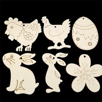 10pcs easter ornaments rabbit egg rooster wooden decor crafts wood chips cutouts diy natural hanging tag party decor