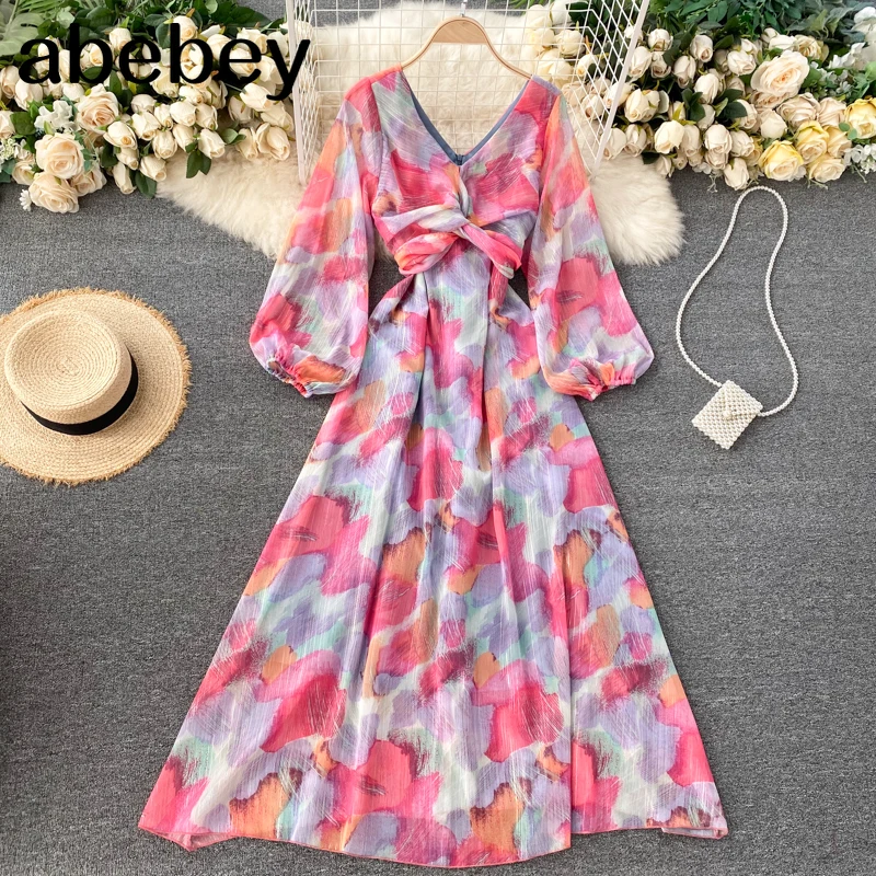 

Women Korean Chiffon Print Dress V Neck Puff Sleeve Vacation A Line Dress Autumn Casual Bow Drawstring Dress