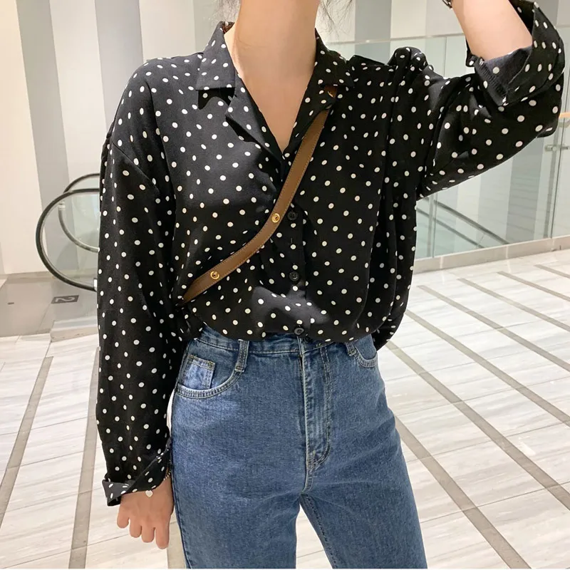

ZAWAHIKI Vintage Elegant Women's Shirt Spring 2021 Notched Long Sleeve Single Breasted Polka Dot Tops Loose Chiffon Blouse